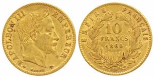 France, Napoleon III, Gold 10 Francs, 3.2g, 1868 BB, Strasbourg Mint, obv. laureate head, 