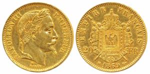 France, Napoleon III, Gold 20 Francs, 6.44g, 1869 BB, Strasbourg Mint, obv. laureate head,
