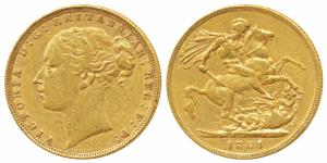 Great Britain, Victoria, Gold Sovereign, 8g, 1884, Young head, rev. St. George slaying a d