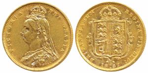 Great Britain, Victoria, Gold ½ Sovereign, 4g, 1887, Jubilee head, rev. Shield (KM 766). V