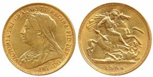 Great Britain, Victoria, Gold ½ Sovereign, 4g, 1900, veiled head, rev. St. George slaying 