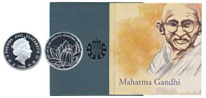 Great Britain, Elizabeth II, Silver 2 Pounds, 31.21g, Mahatma Gandhi, 2021, rev. a lotus w