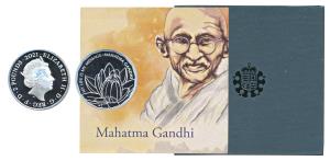 Great Britain, Elizabeth II, Silver 2 Pounds, 31.21g, Mahatma Gandhi, 2021, rev. a lotus w