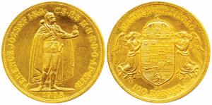 Hungary, Franz Joseph I, Gold 100 Korona, 33.88g, 1908, obv. emperor standing to right hol