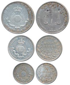 Mombasa, set of 3, Silver Rupee, ½ and ¼, obv. crowned sun above a ribbon, rev. Imperial B