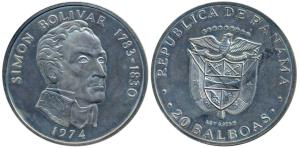 Panama, Silver 20 Balboas, 130g, 1974, Simon Bolivar. Uncirculated, without the outer box.
