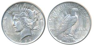 United States of America, Silver Peace Dollar, 1922 (KM 150). About Uncirculated, Rare.