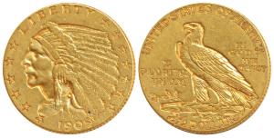 United States of America, Gold $ 2½, 4.13g, 1909, Indian Head on obv. motto behind eagle o