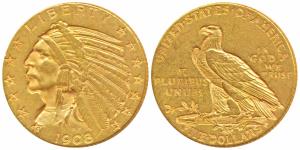 United States of America, Gold $5, 8.4g, 1908, obv. Indian Head, rev. motto behind the eag