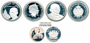 Mahatma Gandhi, Proof Silver (3), Cook Island, Silver Dollar; Malta; South Africa, Silver 