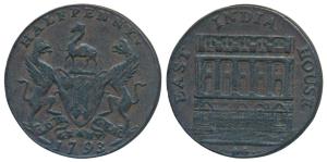East India House, Copper ½ Penny Token, rev. coat of arms with date 1793. Very Fine+.