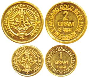 Standard Gold, 1 and 2 Gram, 99.5 fineness, rev. National Refinery Pvt. Ltd. Bombay. (2)