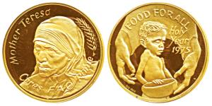 Gold Medallion, 10g, Mother Teresa, Ceres, FAO Rome, rev. hands holding the baby, food for