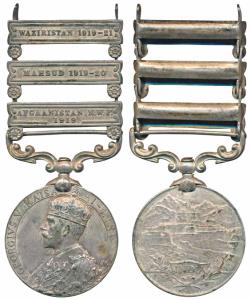 India General Service Medal, George V, Silver, 3 bars, Afghanistan N.W.F. 1919, Waziristan