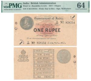 George V, Rupee 1, 1st issue, 1917, signed A. C. McWatters (J&R 3.1.2A). Graded by PMG 64 