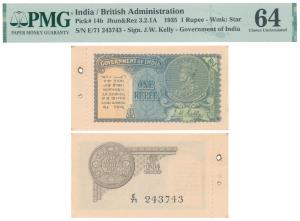 George V, Rupee 1, 2nd issue, 1935, signed J. W. Kelly, Prefix E, (J&R 3.2.1A). Graded by 
