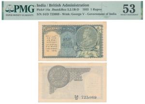 George V, Rupee 1, 2nd issue, 1935, signed J. W. Kelly, Prefix D (J&R 3.2.1D). Graded by P