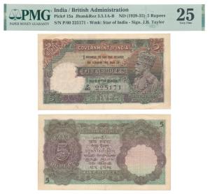 George V, Rupees 5, 2nd issue, 1933, signed J. B. Taylor, thin paper variety, (J&R 3.5.1A)