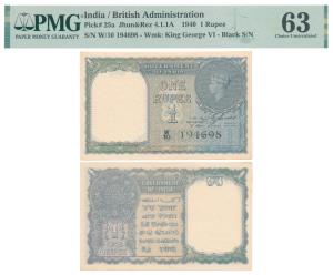 George VI, Rupee 1, 1944, signed C. E. Jones, (J&R 4.1.1A). Graded by PMG 63 Choice Uncirc