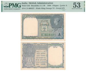 George VI, Rupee 1, 1944, signed C. E. Jones, serial number in green, inset ‘A’ in black (