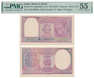 George VI, Rupees 2, 1943, signed J. B. Taylor, Prefix A (J&R 4.2.1). Graded by PMG 55 Abo