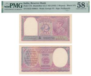 George VI, Rupees 2, 1943, signed C. D. Deshmukh (J&R 4.2.2). Graded by PMG 58 Choice Unci