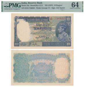 George VI, Rupees 10, 1st issue, 1938, signed J. B. Taylor, prefix D in order of consecuti