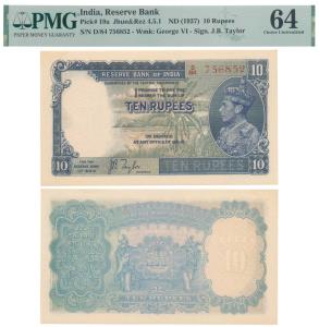 George VI, Rupees 10, 1st issue, 1938, signed J. B. Taylor, prefix D in order of consecuti