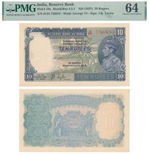 George VI, Rupees 10, 1st issue, 1938, signed J. B. Taylor, prefix D in order of consecuti