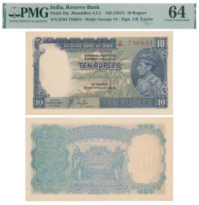 George VI, Rupees 10, 1st issue, 1938, signed J. B. Taylor, prefix D in order of consecuti
