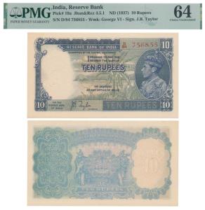 George VI, Rupees 10, 1st issue, 1938, signed J. B. Taylor, prefix D in order of consecuti