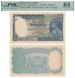 George VI, Rupees 10, 1st issue, 1938, signed J. B. Taylor, prefix D in order of consecuti