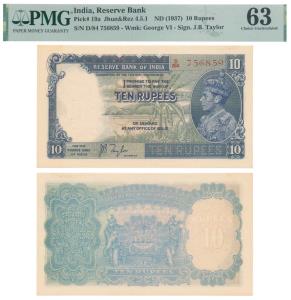 George VI, Rupees 10, 1st issue, 1938, signed J. B. Taylor, prefix D in order of consecuti