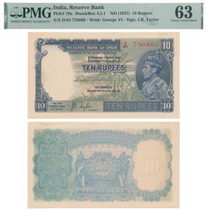 George VI, Rupees 10, 1st issue, 1938, signed J. B. Taylor, prefix D in order of consecuti