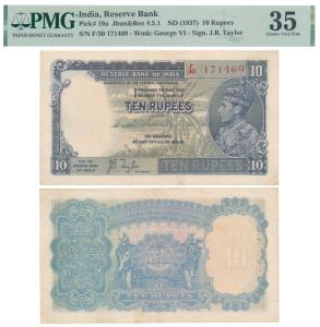 George VI, Rupees 10, 1st issue, 1938, signed J. B. Taylor, prefix F (J&R 4.5.1). Graded b