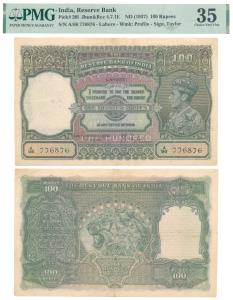 George VI, Rupees 100, 1938, Lahore, signed J.B. Taylor (J&R 4.7.1E). Graded by PMG 35 Cho