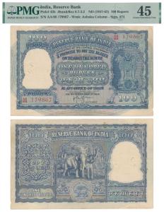 Rupees 100, 1953, signed H. V. R. Iengar (J&R 6.7.3.2). Graded by PMG 45 Choice Extremely 