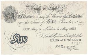Bank of England, Pounds 5, Uniface, dated 9th May, 1938, Germany Operation Bernhard. About