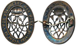 For Voluntary War Work in India, 1914-19, Bronze Badge with Silver work in center (Pudd 98