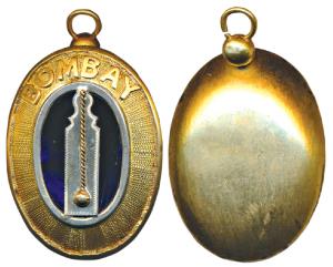 Masonic Medal, Copper Gold Gilt, 28.28g, a plum rule in the centre on blue glass, Bombay i