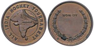 All India Hockey Tournament, Copper Medal, 22.1g, obv. map of undivided India with Allahab