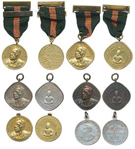 Aga Khan, Six different Medals, Gold Gilt Copper, obv. bust of a older Aga Khan with Diamo