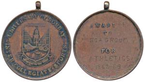 University of Bombay, Copper Medal, Inter Collegiate Sports, obv. arms of the University, 