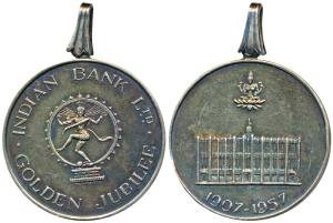 Indian Bank Ltd., Silver Medal, 30g, Golden Jubilee, 1907-1957, dancing Nataraja in the ce