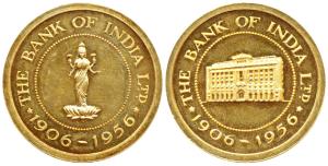 Bank of India, Golden Jubilee, 1906-1956, Gold Gilt Silver, 26.27g, obv. Laxmi standing on