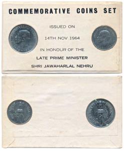 1964 Uncirculated set, Birth Anniversary of Jawaharlal Nehru, set of 2, 50 Paise and 1 Rup