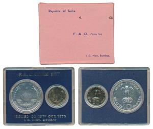 1970 Uncirculated Set, Food For All, set of 2, 20 Paise and Rupees 10. In immaculate condi