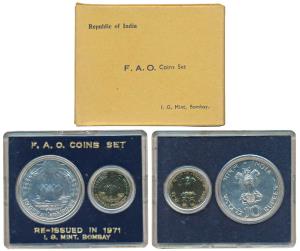 1971 Uncirculated Set, Food For All, set of 2, 20 Paise and Rupees 10. In near immaculate 