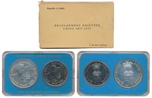 1975 Uncirculated Set, Equality Development and Peace, set of 2, Rupees 10 and 50. In near