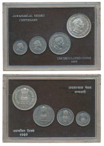 1989 Uncirculated Set, Jawaharlal Nehru Centenary, set of 4, Rupee 1 to 100. In immaculate